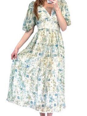 NWT  Size Small Rococo Sand Blue Green Metallic Floral Elan Midi Dress